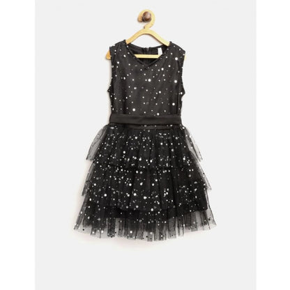Generic Girl's Net Embellished Sleeveless V-Neck Dress (Black)