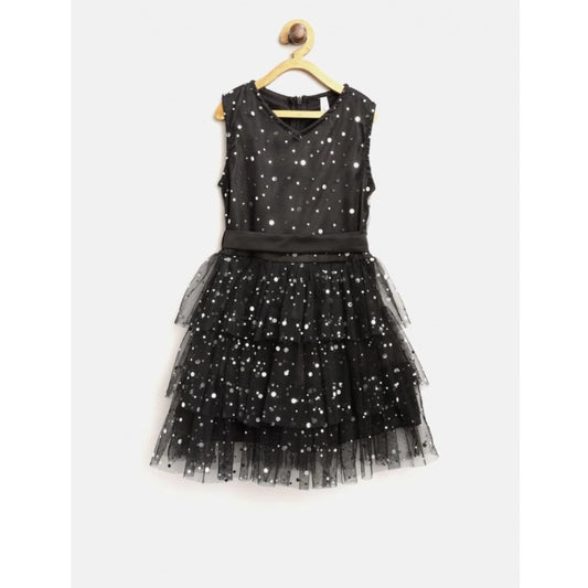 Generic Girl's Net Embellished Sleeveless V-Neck Dress (Black)