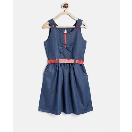 Generic Girl's Denim Solid Sleeveless Round Neck Dress (Blue)