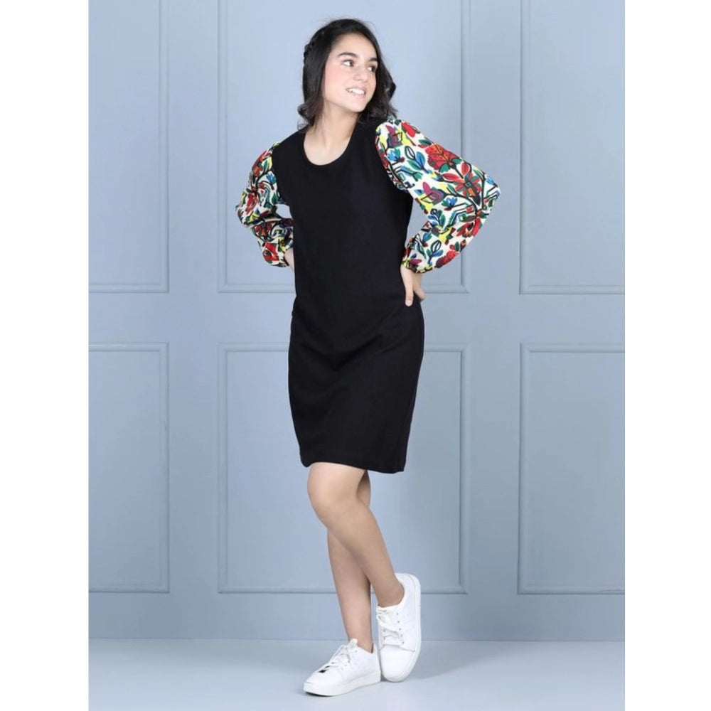 Generic Girl's Polyester Printed Long Sleeve Round Neck Dress (Multicolor)