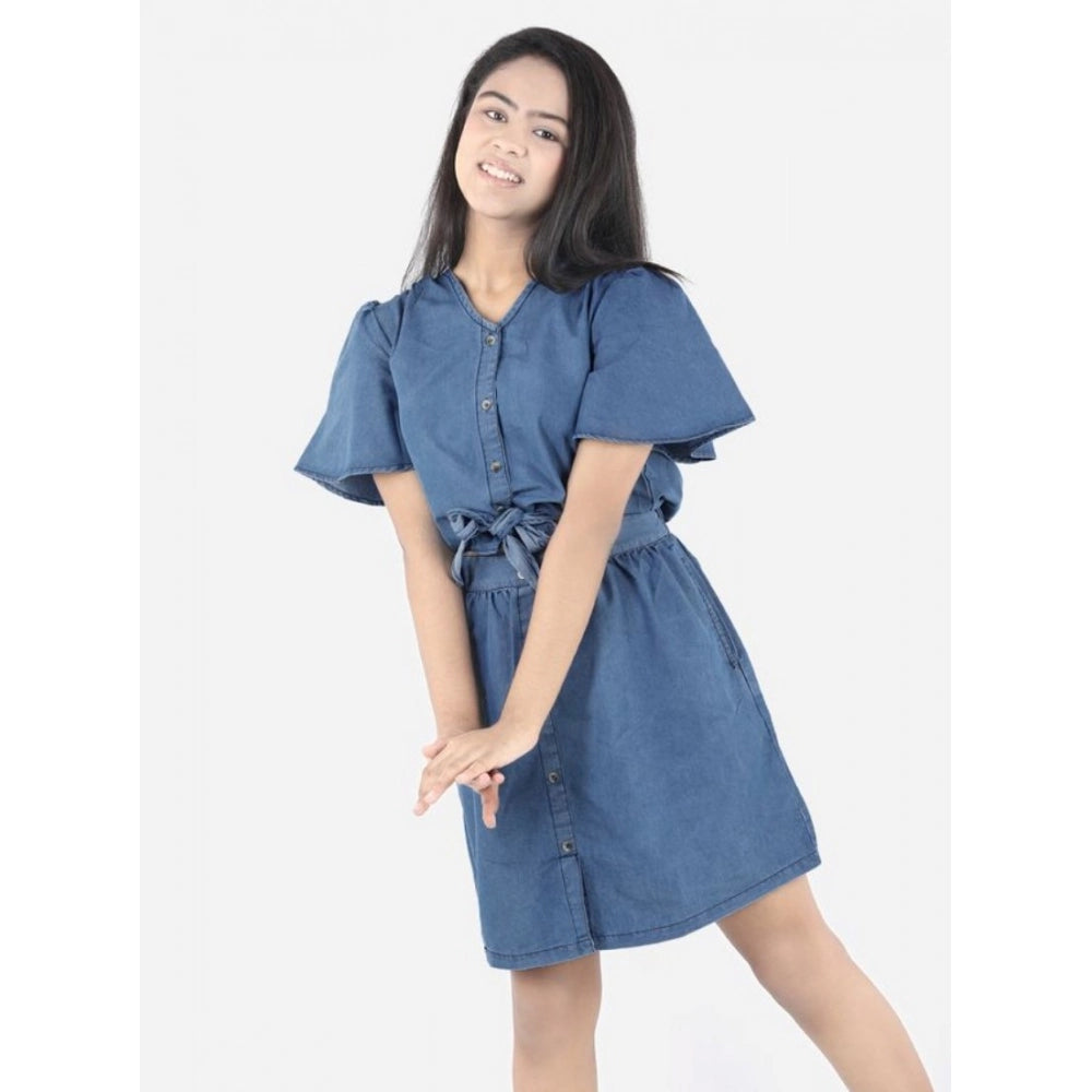 Generic Girl's Denim Solid Short Sleeve V-Neck Dress (Blue)