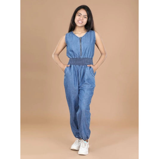 Generic Girl's Denim Solid Shoulder Straps V-Neck Dress (Blue)