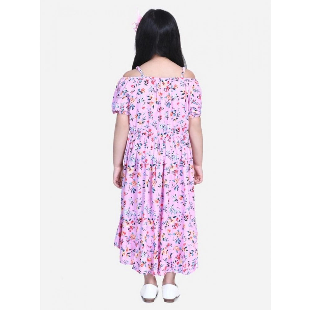 Generic Girl's Rayon Solid Short Sleeve Shoulder Straps Dress (Light Pink)