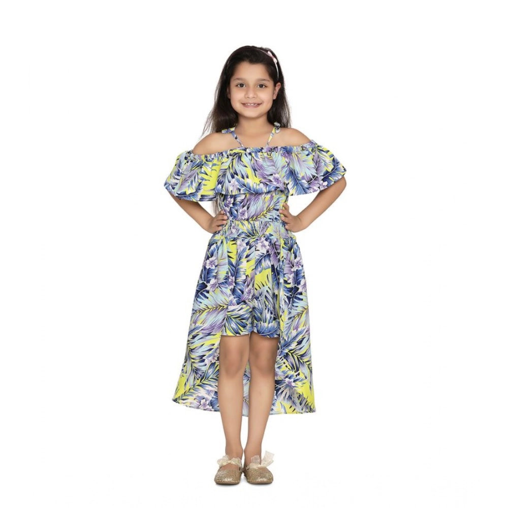 Generic Girl's Polyester Moss Printed Off Shoulder Straps Dress (Blue)