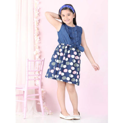 Generic Girl's Denim  Rayon Printed Sleeveless Round Neck Dress (Blue)