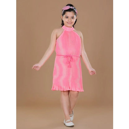 Generic Girl's Polyester Crepe Printed Sleeveless Round Neck Dress (Pink)
