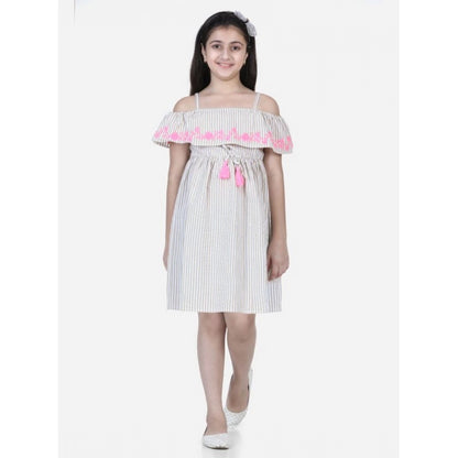 Generic Girl's Cotton Printed Sleeveless Shoulder Straps Dress (Beige-Pink)