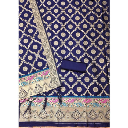 Generic Women's Banarasi Silk Printed Unstitched Salwar Suit Material With Dupatta (Navy Blue, 3Mtrs)