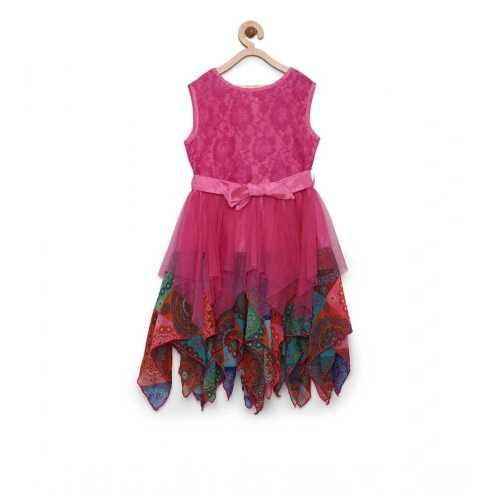 Generic Girl's Polyester  Net Floral Printed Sleeveless Round Neck Dress (Multicolor)