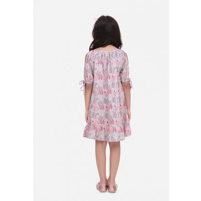 Generic Girl's Cotton Floral Printed Sleeveless Round Neck Dress (Pink)