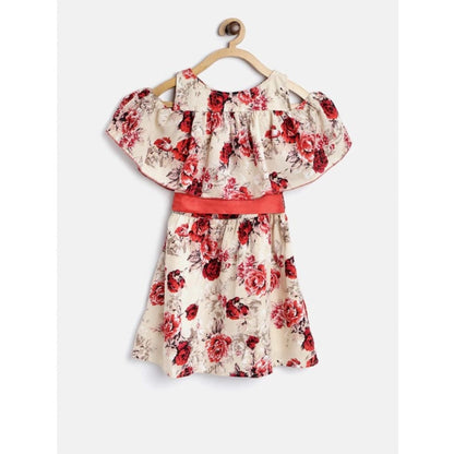 Generic Girl's Polyester Crepe Printed Short Sleeve Cold Shoulder Neck Dress (Cream-Red)