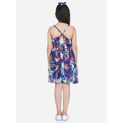 Generic Girl's Rayon Printed Sleeveless Round Neck Dress (Blue)
