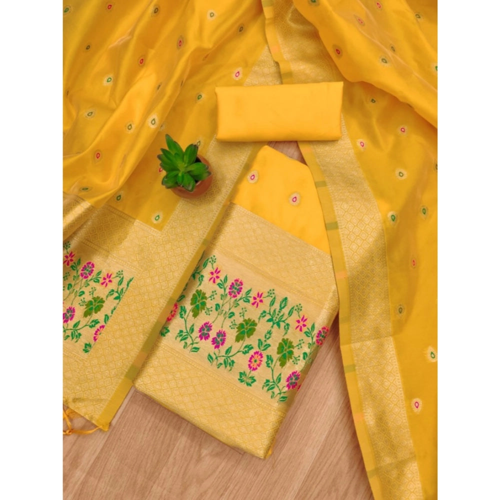 Generic Women's Banarasi Silk Printed Unstitched Salwar Suit Material With Dupatta (Yellow, 3Mtrs)