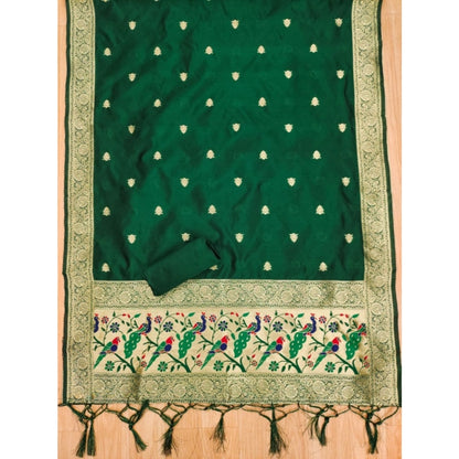 Generic Women's Banarasi Silk Printed Unstitched Salwar Suit Material With Dupatta (Bottle Green, 3Mtrs)