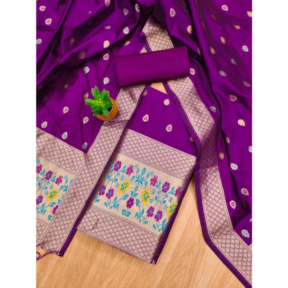 Generic Women's Banarasi Silk Printed Unstitched Salwar Suit Material With Dupatta (Purple, 3Mtrs)