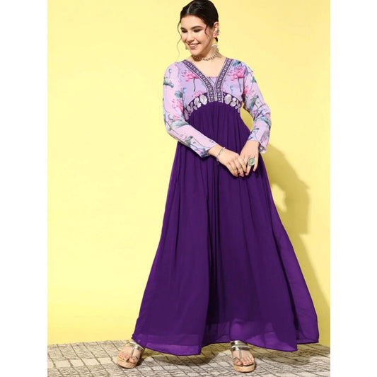 Refined Women's Georgette Embroidery 3-4th Sleeve V-Neck Kurti (Purple)