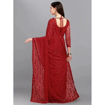 Generic Women's Net Self Design Saree With Unstitched Blouse 5.5Mtr (Maroon)