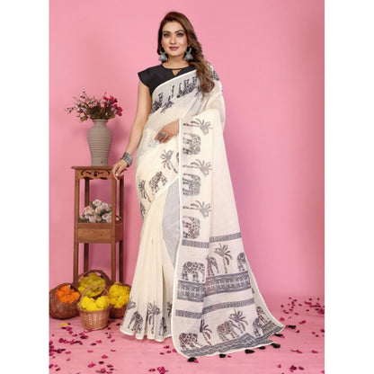 Generic Women's Linen Cotton Printed Saree With Unstitched Blouse 5.5Mtr (Off White)