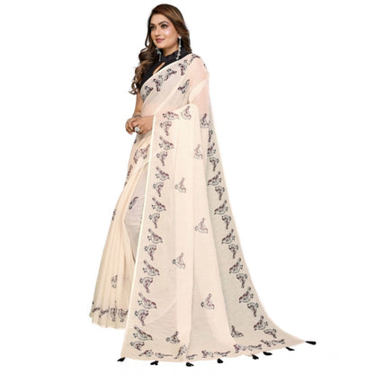 Generic Women's Linen Cotton Printed Saree With Unstitched Blouse 5.5Mtr (Off White)