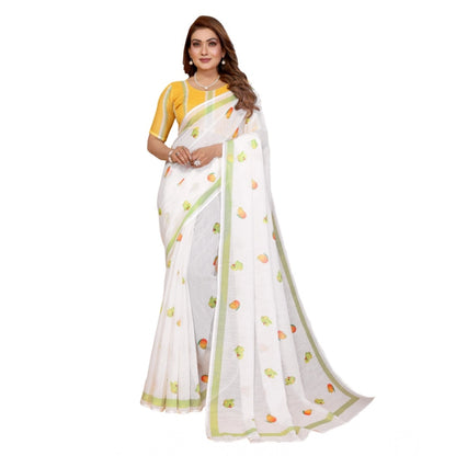 Generic Women's Linen Cotton Printed Saree With Unstitched Blouse 5.5Mtr (White)