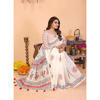 Generic Women's Linen Cotton Printed Saree With Unstitched Blouse 5.5Mtr (Off White)