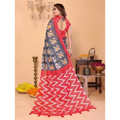 Generic Women's Linen Cotton Printed Saree With Unstitched Blouse 5.5Mtr (Grey)
