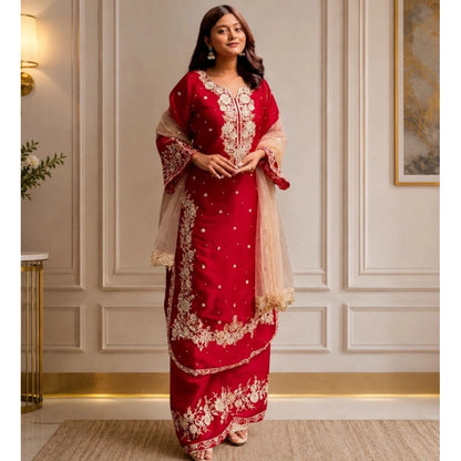 Intricate Women's Silk Embroidered 3/4th Sleeve Round Readymade Kurti With Palazzo Pant and Dupatta Set (Red)
