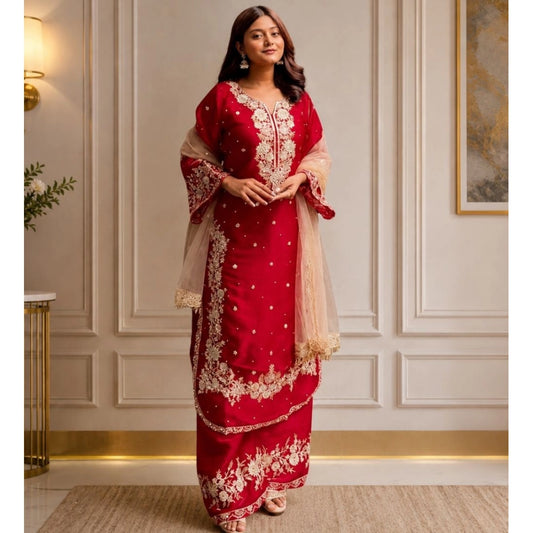 Intricate Women's Silk Embroidered 3/4th Sleeve Round Readymade Kurti With Palazzo Pant and Dupatta Set (Red)