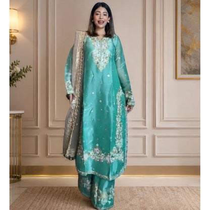 Majestic Women's Silk Embroidered 3/4th Sleeve Round Readymade Kurti With Palazzo Pant and Dupatta Set (Sea Green)