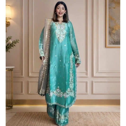 Majestic Women's Silk Embroidered 3/4th Sleeve Round Readymade Kurti With Palazzo Pant and Dupatta Set (Sea Green)