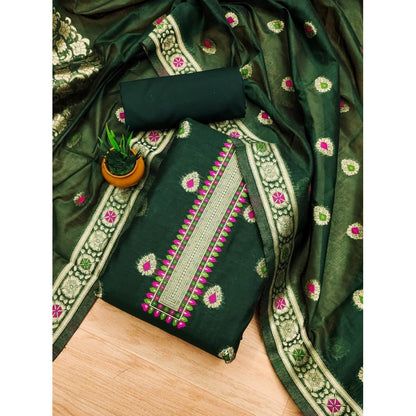 Generic Women's Banarasi Silk Printed Unstitched Salwar Suit Material With Dupatta (Bottle Green, 3Mtrs)