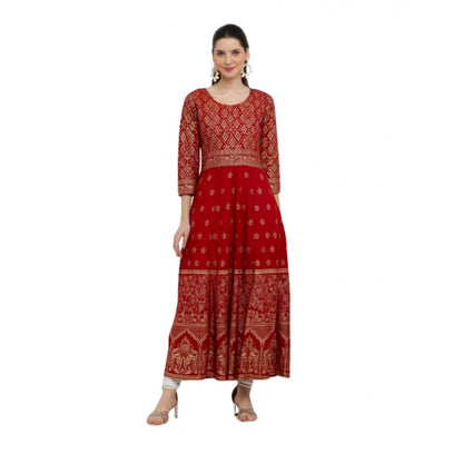Ornate Women's Casual Rayon 3-4th Sleeves Anarkali Kurti (Red)