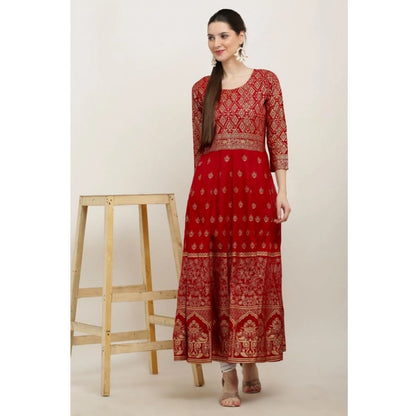Ornate Women's Casual Rayon 3-4th Sleeves Anarkali Kurti (Red)
