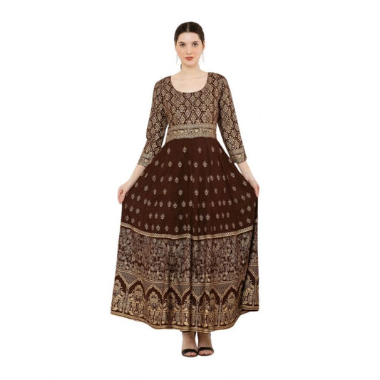 Alluring Women's Casual Rayon 3-4th Sleeves Anarkali Kurti (Brown)