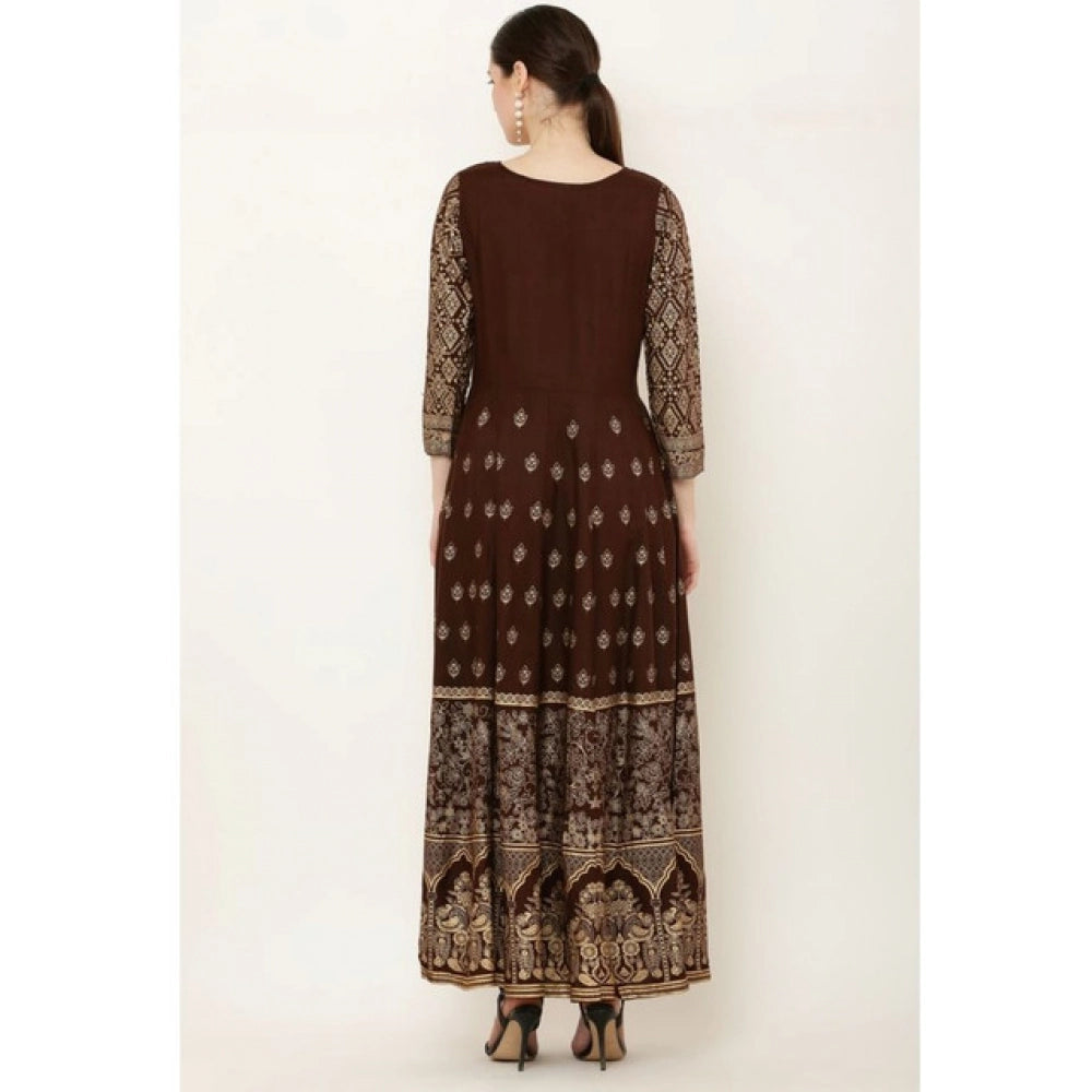 Alluring Women's Casual Rayon 3-4th Sleeves Anarkali Kurti (Brown)