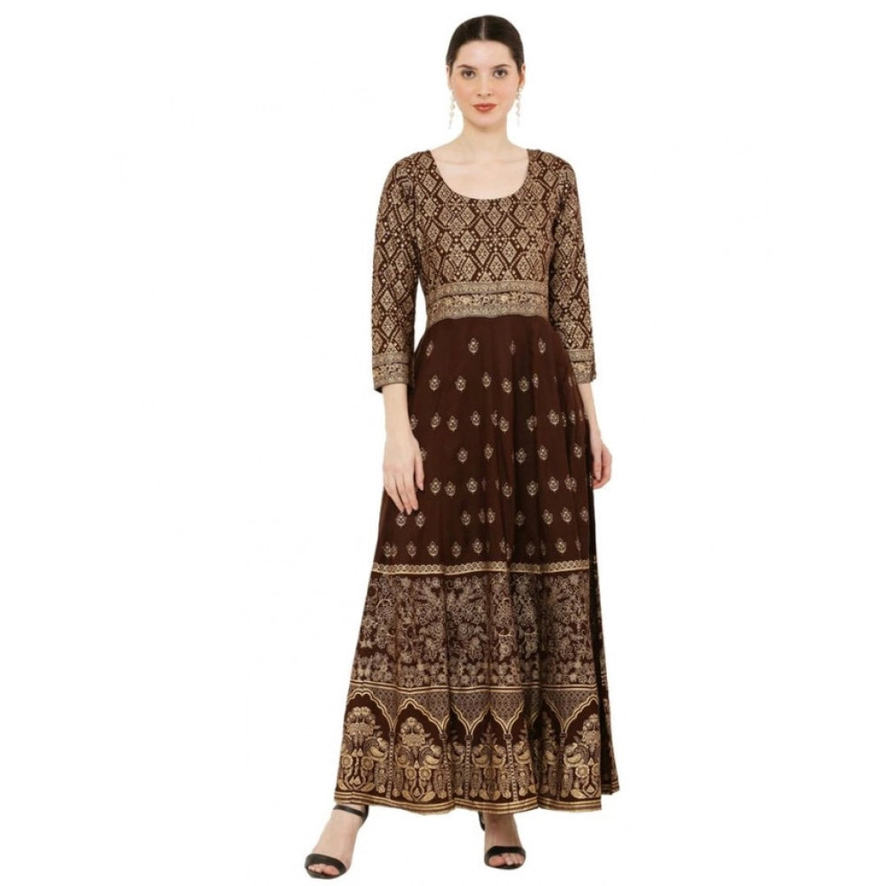Alluring Women's Casual Rayon 3-4th Sleeves Anarkali Kurti (Brown)
