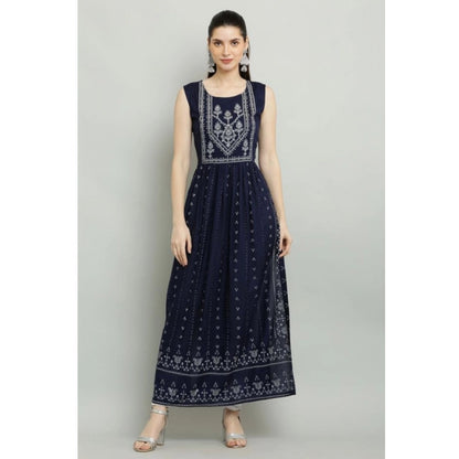 Graceful Women's Casual Rayon Sleeveless Kurti (Blue)