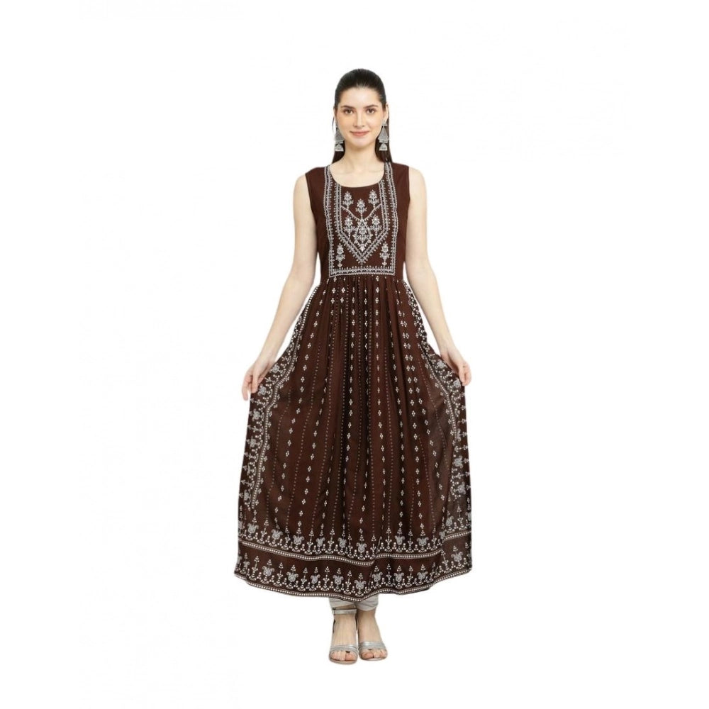 Intricate Women's Casual Rayon Sleeveless Kurti (Brown)