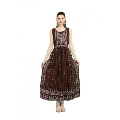 Intricate Women's Casual Rayon Sleeveless Kurti (Brown)