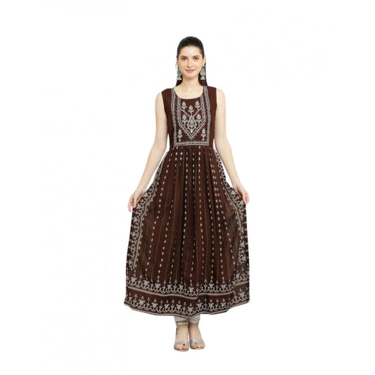 Intricate Women's Casual Rayon Sleeveless Kurti (Brown)