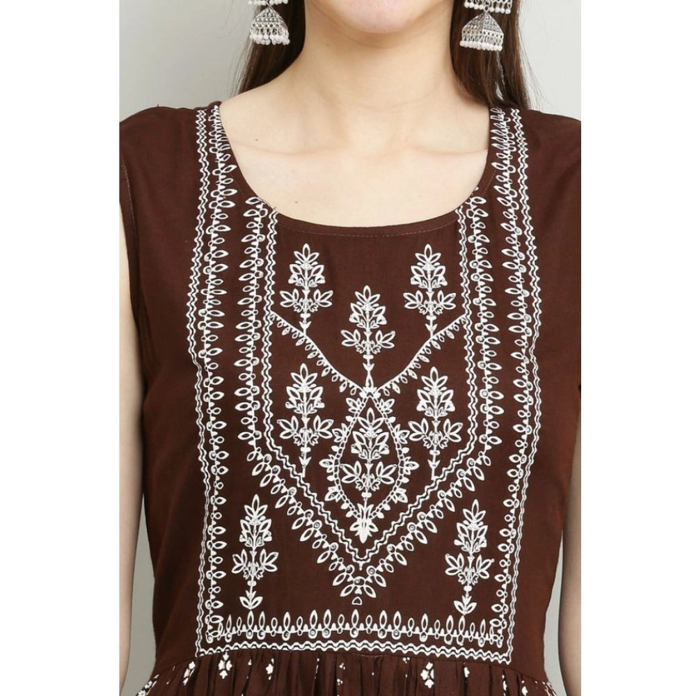 Intricate Women's Casual Rayon Sleeveless Kurti (Brown)