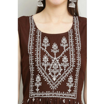 Intricate Women's Casual Rayon Sleeveless Kurti (Brown)