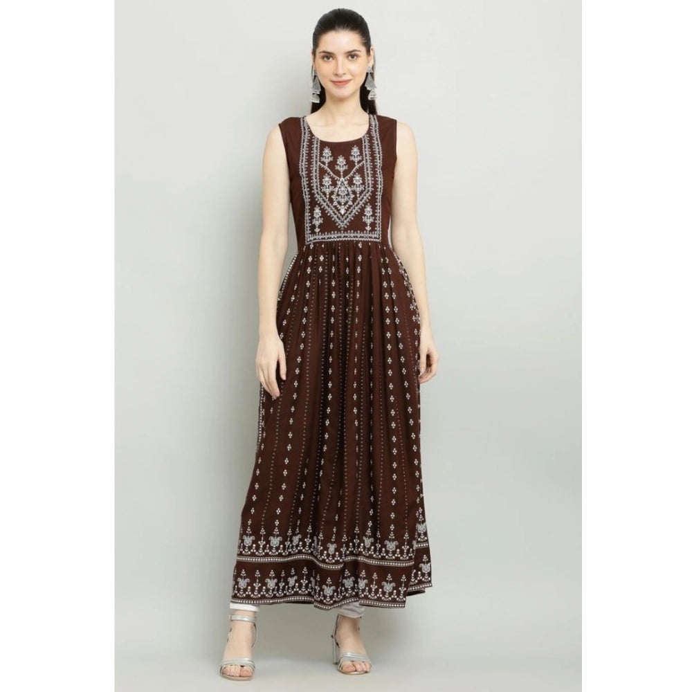 Intricate Women's Casual Rayon Sleeveless Kurti (Brown)