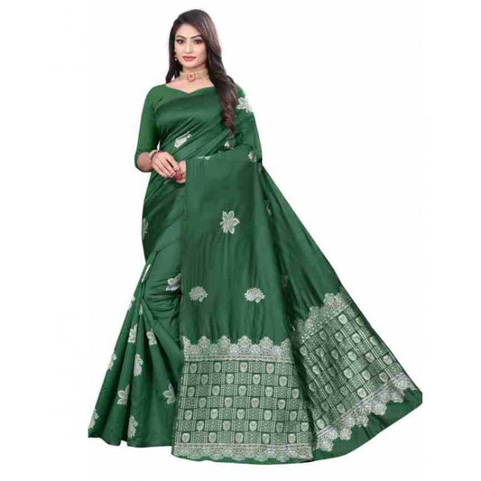 Generic Women's Soft Lichi Silk Printed Saree With Unstitched Blouse 5.5Mtr (Green)