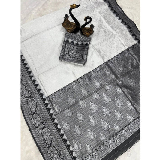 Generic Women's Soft Lichi Silk Printed Saree With Unstitched Blouse 5.5Mtr (Off-White)