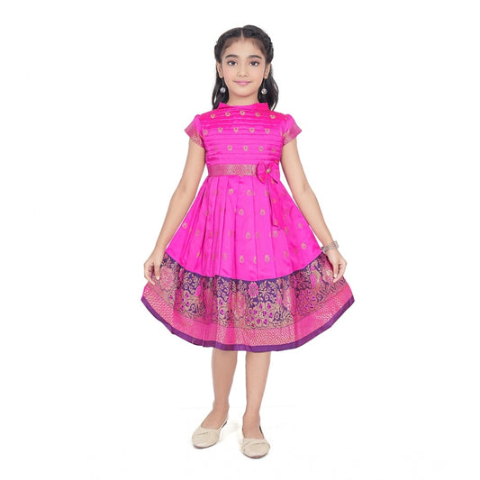 Generic Girl's Brocket Silk Printed Short Sleeve Close Neck Dress (Rani Pink)