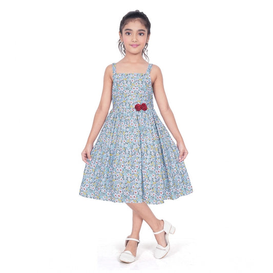 Generic Girl's Cotton Printed Sleeve Less Squre Neck Dress (Multicolor)