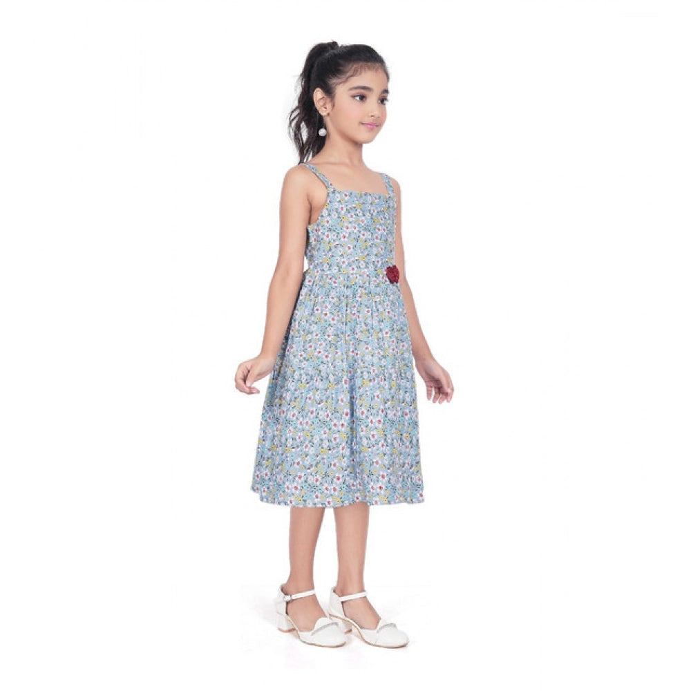 Generic Girl's Cotton Printed Sleeve Less Squre Neck Dress (Multicolor)