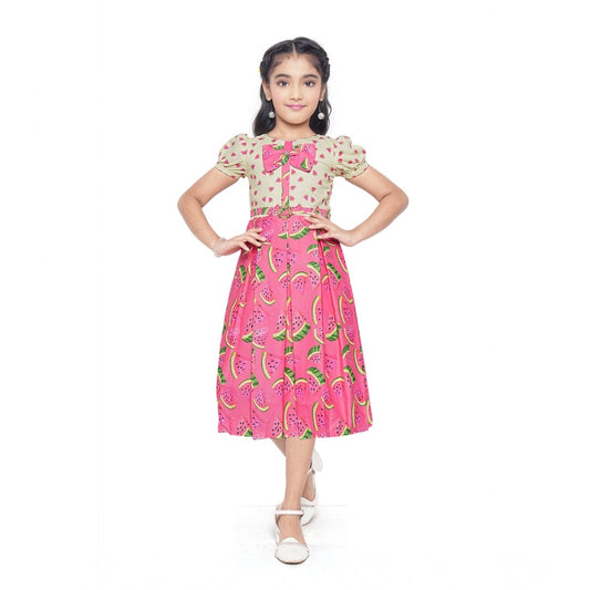 Generic Girl's Twill Printed Short Sleeve Round Neck Dress (Pink)