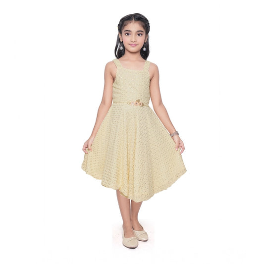 Generic Girl's Shiffon Chicken Printed Sleeve Less Round Neck Dress (Yellow)